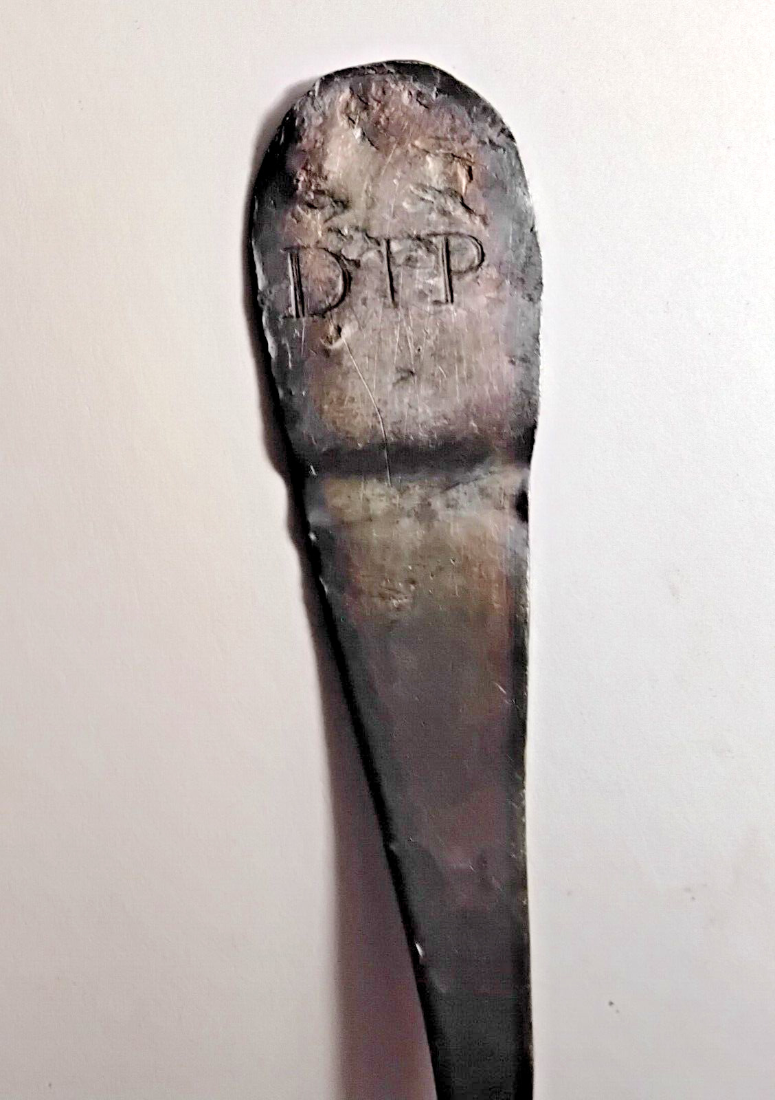 Long silver plated spoon lost by a soldier with initials D.F. P., pit find