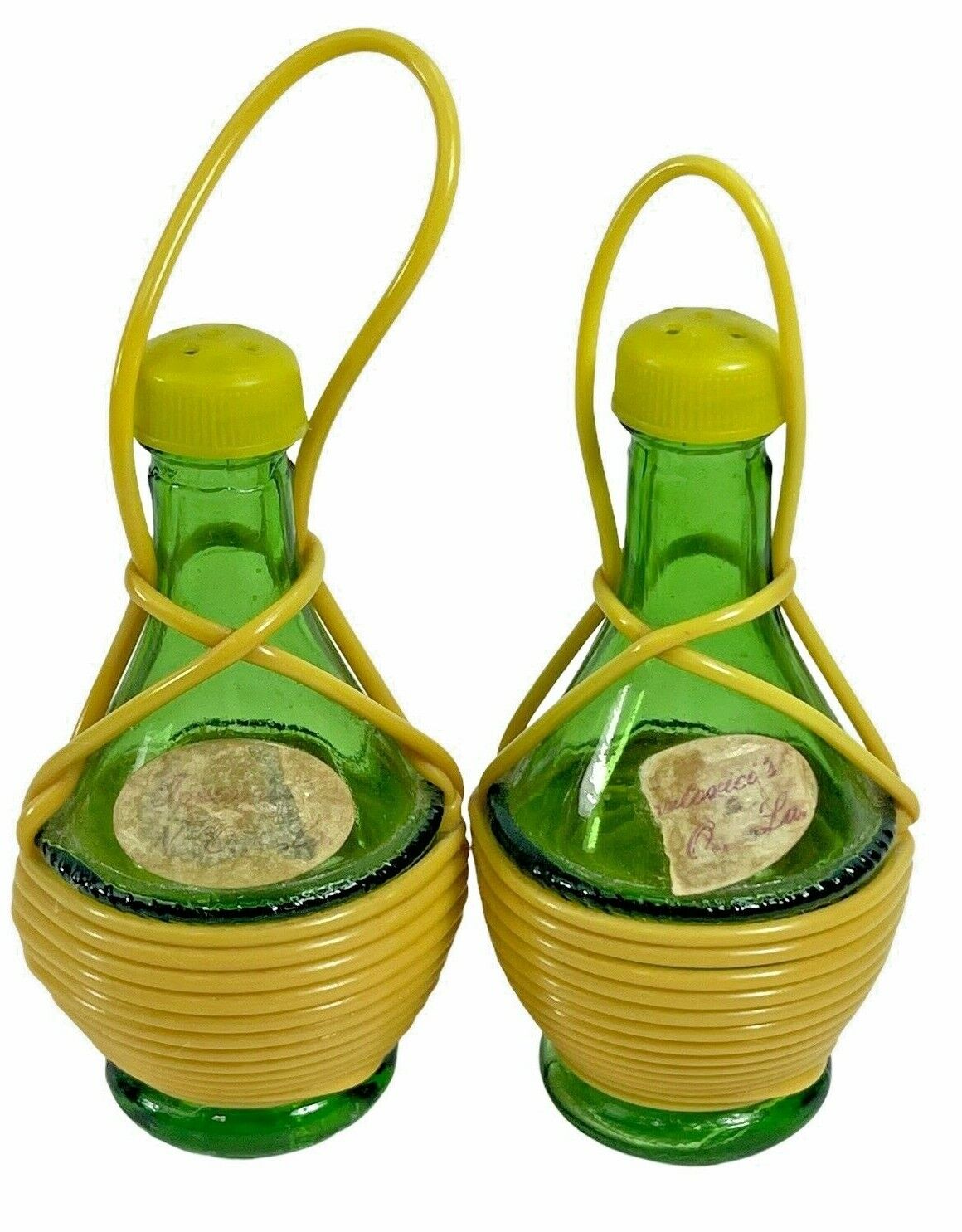 Vintage Green Glass Bottle Yellow Lantern ? Salt and Pepper Shakers