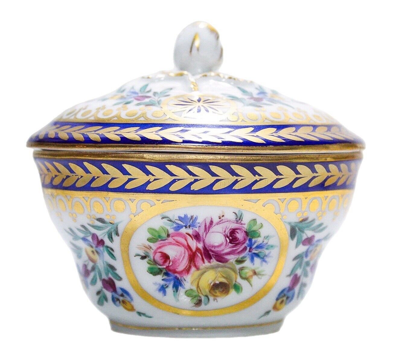 Antique DRESDEN Germany Hand Painted Floral Motif Porcelain Covered Sugar Bowl