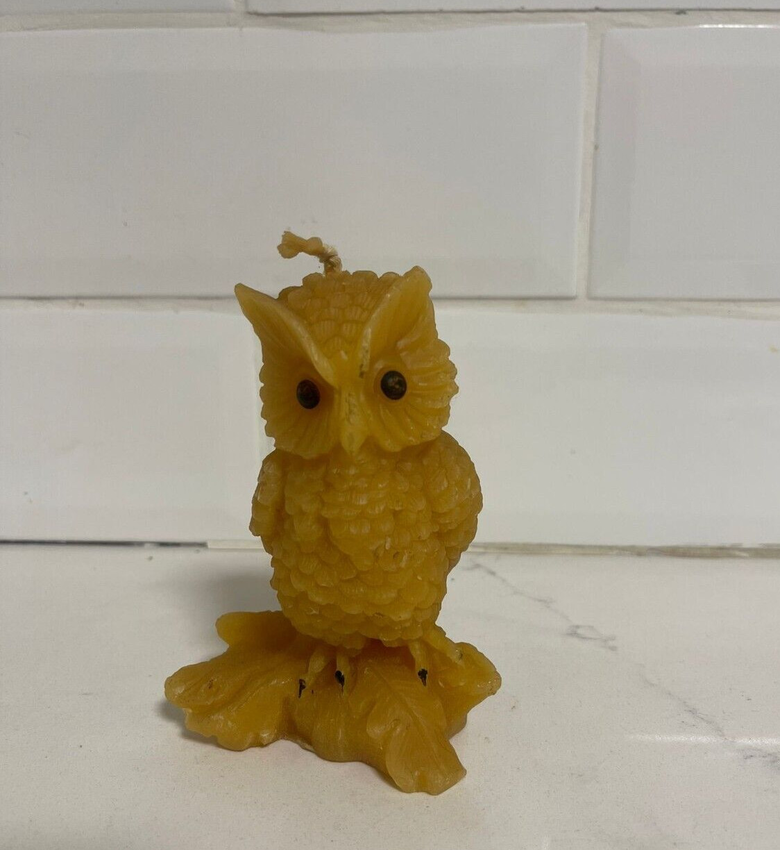 Vintage Molded Dripped Yellow Owl Wax Candle Black Eyes Unburned