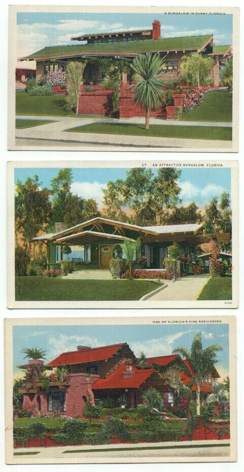 Florida Bungalow Home House Residence Lot of 3 Pre-Linen Postcards