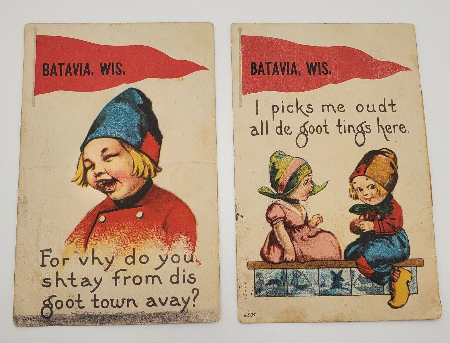 Vintage 1913 Postcard Lot of 2 Batavia Wisconsin Sheboygan County Dutch Children