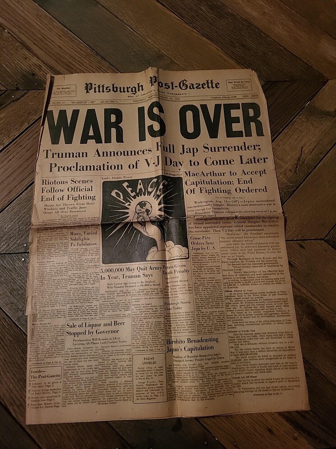 1945 Pittsburgh Post Gazette Front Page - War Is Over-Truman Announced Japanese 