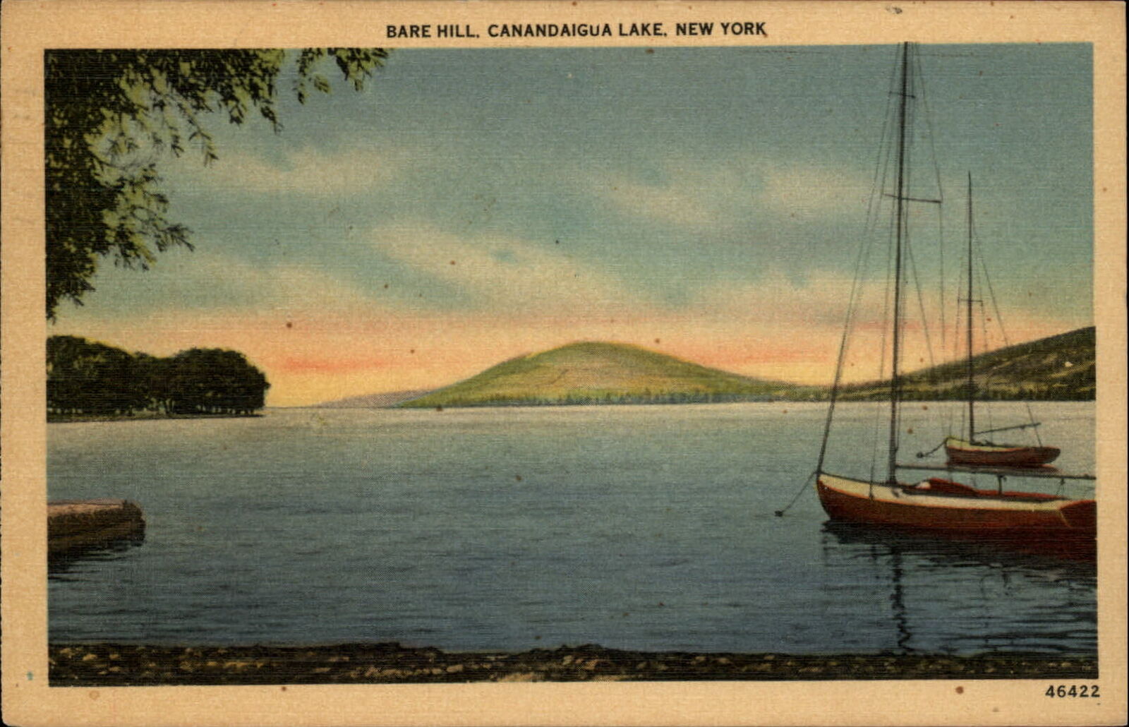 Canandaigua Lake New York ~ Bare Hill ~ sunset ~ linen postcard mailed 1947