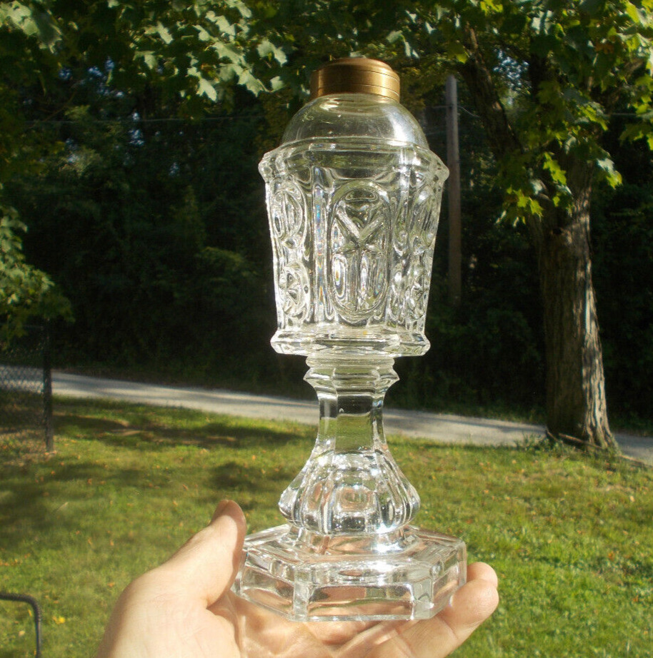 1840s BOSTON & SANDWICH PRESSED GLASS STAR & PUNTY WHALE OIL STAND LAMP MINT