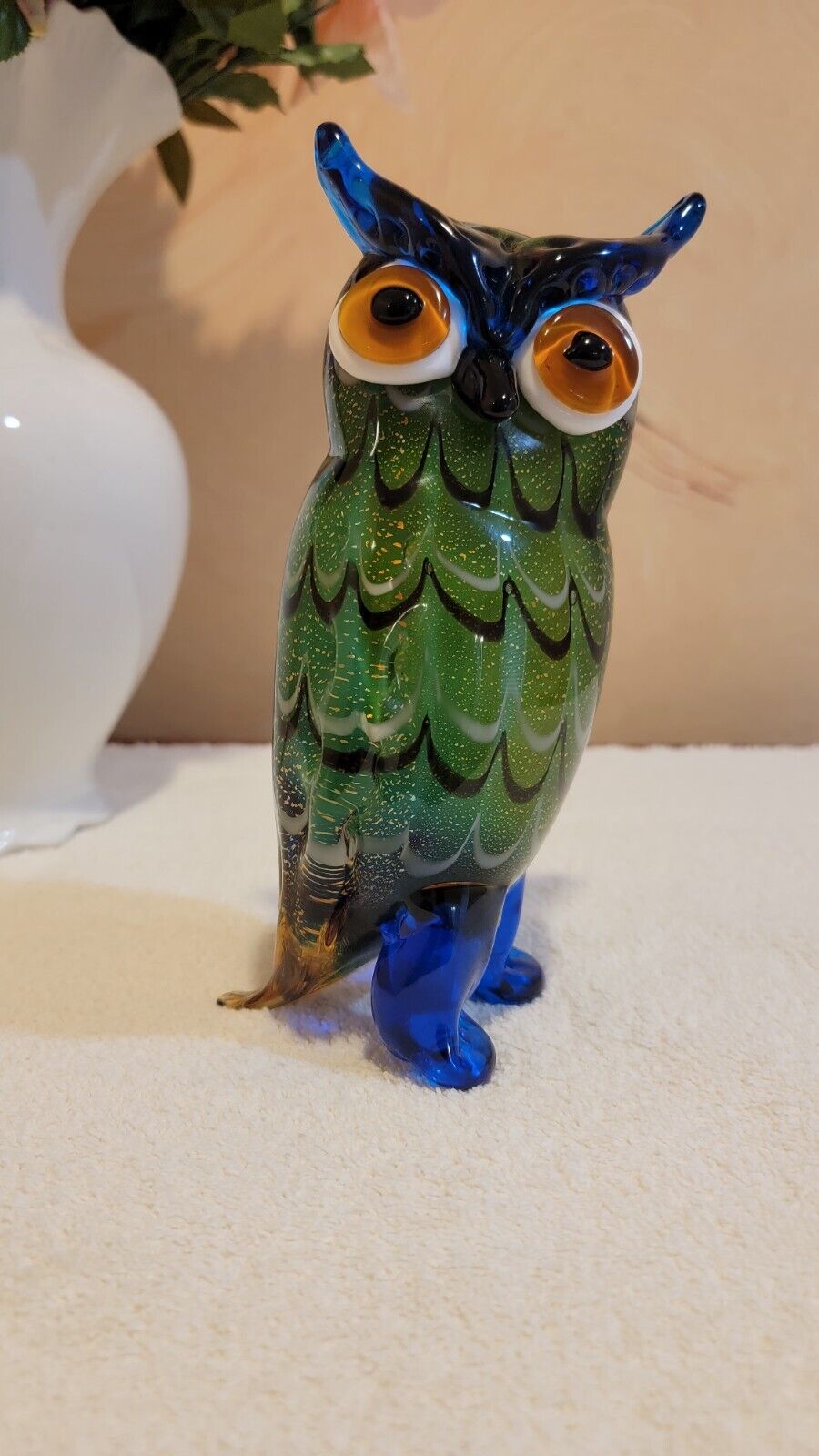 Vintage GCA Heavy Art Glass 3D Owl Figurine with label Blue Green Gold Black VGC