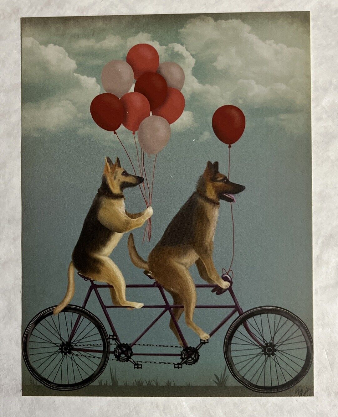 GERMAN SHEPHERD DOGS RIDING BICYCLE BALLOONS ART POSTCARD PRINT 4 1/4\