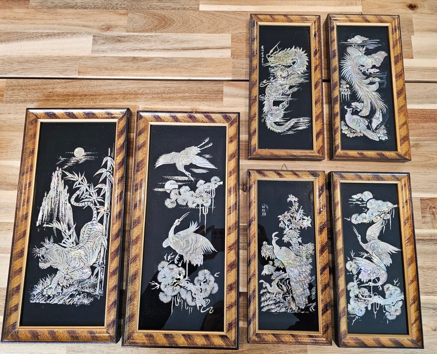 Vintage Asian Mother Of Pearl Inlay Black Lacquer Framed Art, Set Of 6