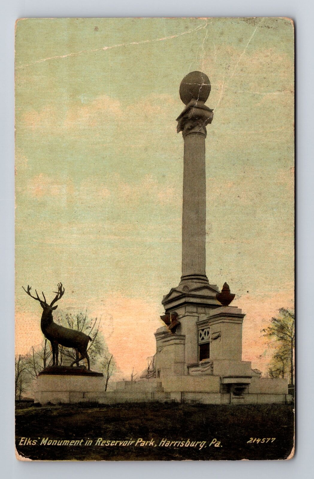 Harrisburg PA-Pennsylvania, Elks Monument In Reservoir, Vintage c1915 Postcard