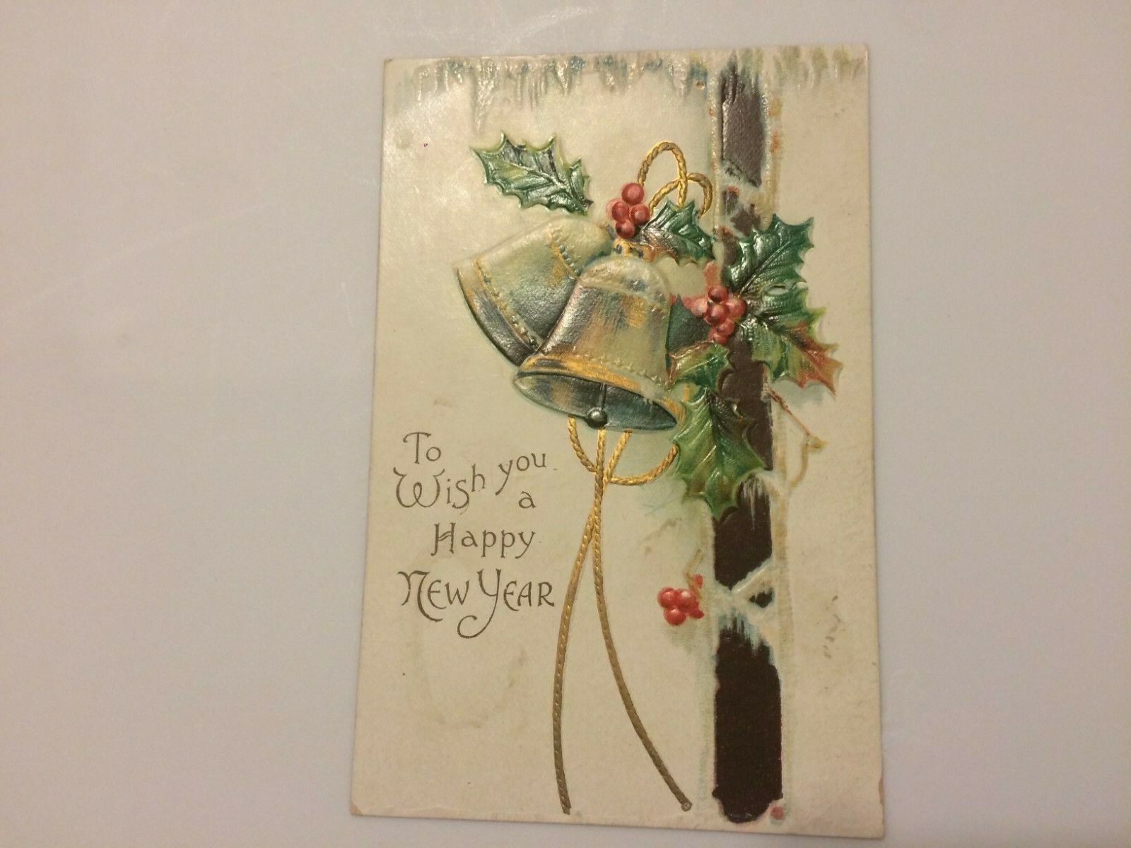 Antique 1909 Happy New Year Postcard Bells, Holly, & Ice EMBOSSED Germany