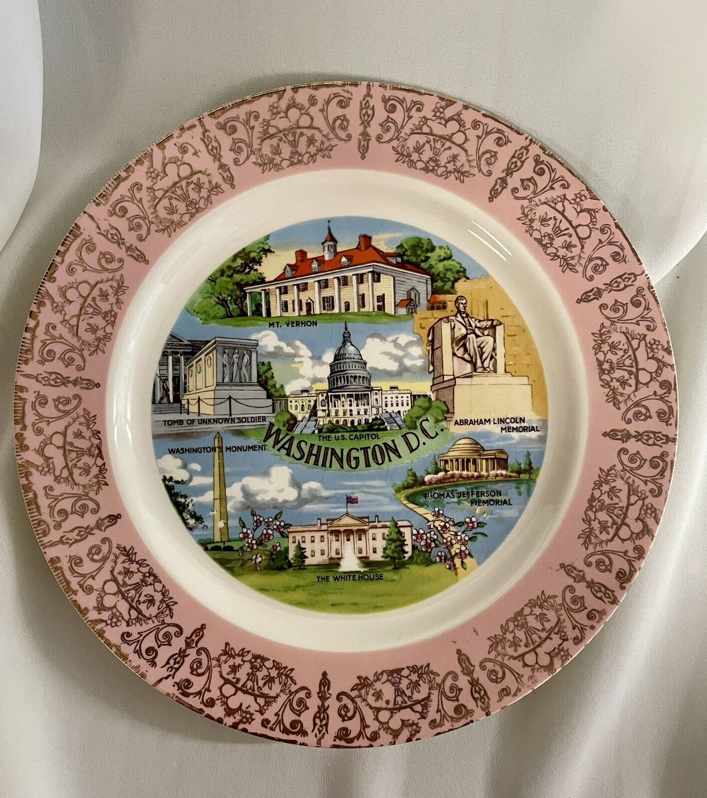 Vintage Homer Laughlin Washington DC Souvenir Plate Pink Gold Rim Landmarks