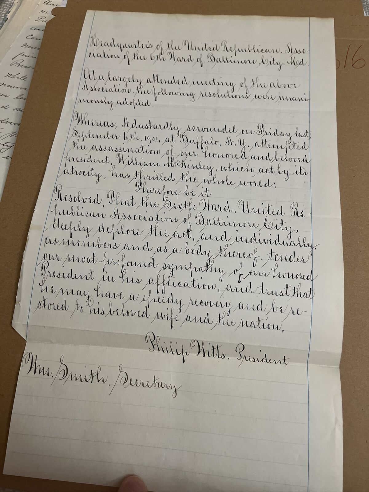 1901 Republican 6th Ward Baltimore MD Letter President McKinley Assassination