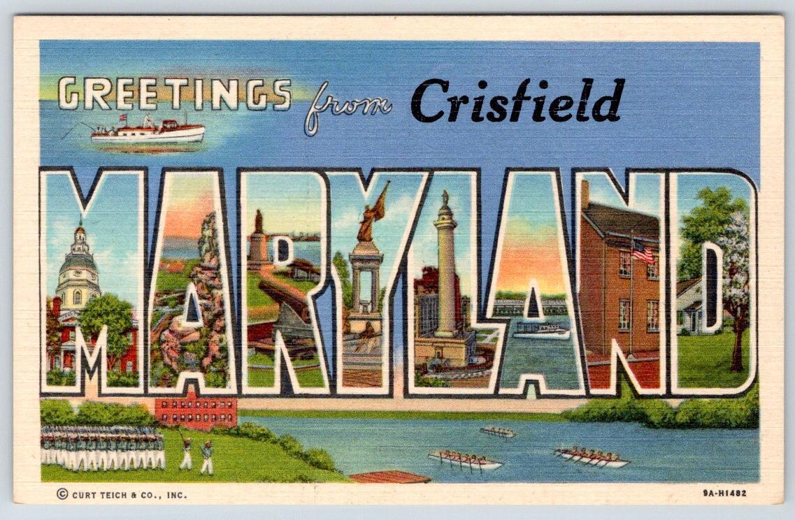 1940-50\'s GREETINGS FROM CRISFIELD MARYLAND LARGE LETTER VINTAGE LINEN POSTCARD
