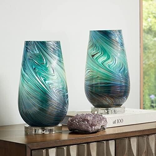 Art Glass Modern Accent Table Lamps  Clear Crystal CUT TO GREEN Swirl