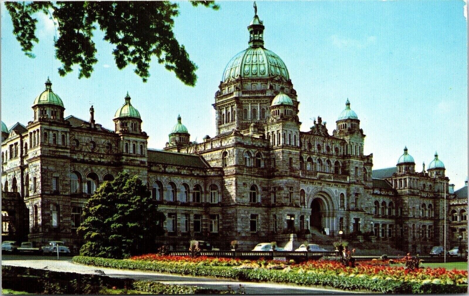 Parliament Buildings Victoria British Columbia Old Cars Flower Garden Postcard