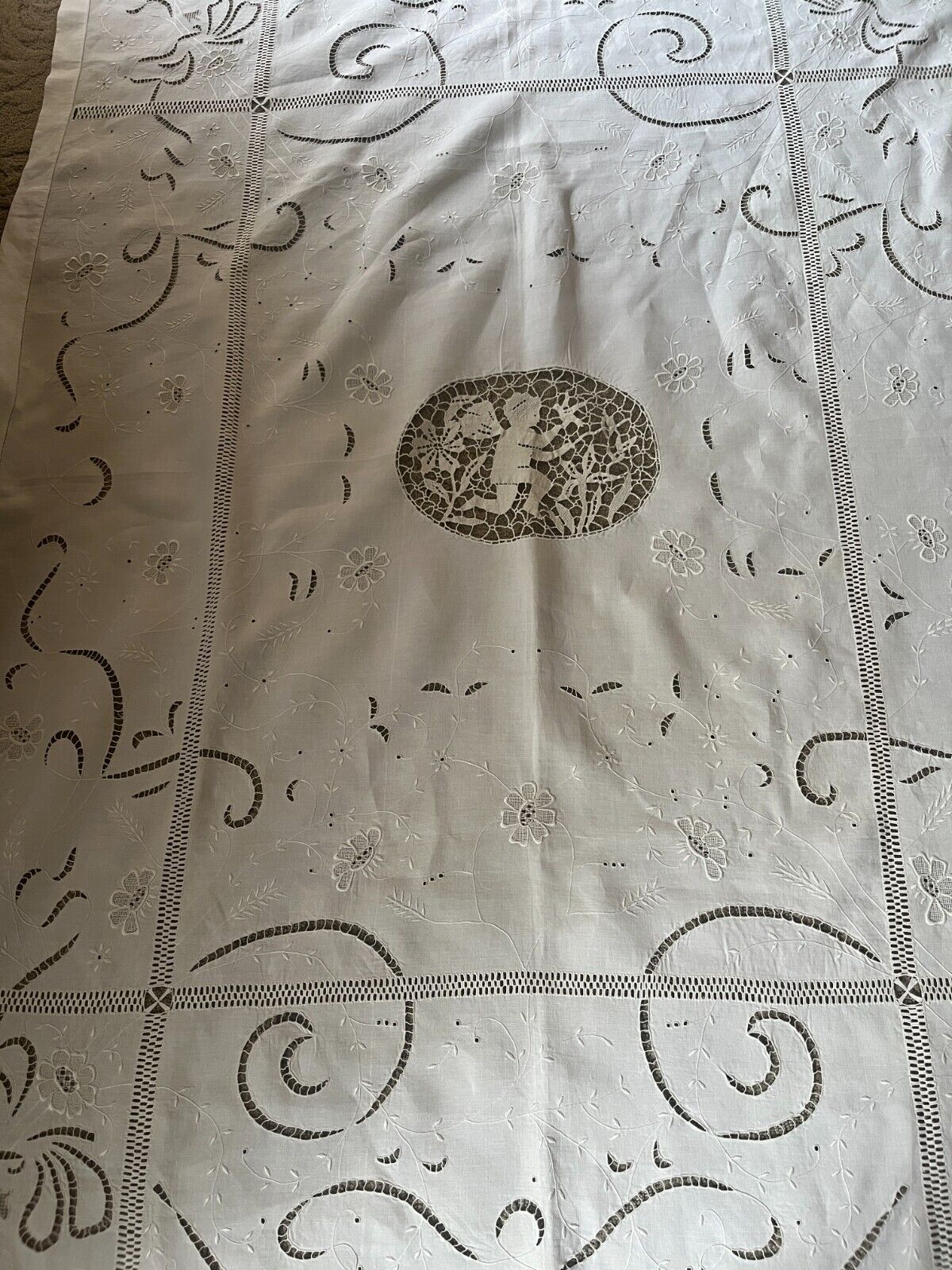 Antique Italian BobbinLace Embroidery Linen Tablecloth 66