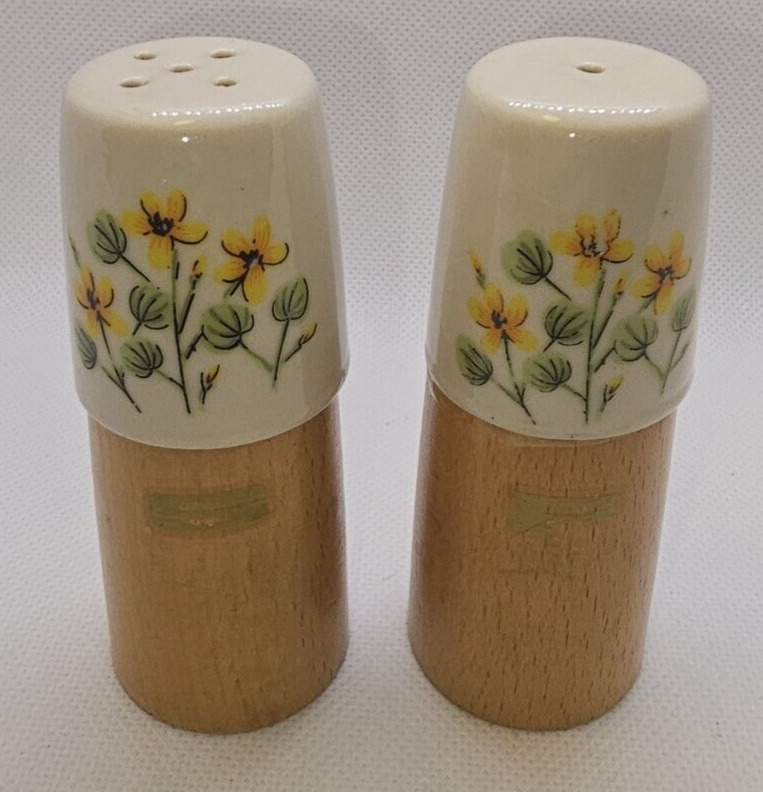 Vintage 1970 Era S. S. Kresge Wood/Ceramic Salt & Pepper Shakers Yellow Flowers