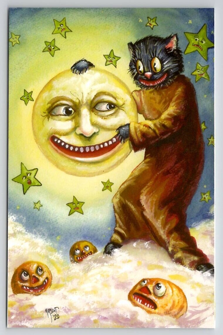 Halloween Matthew Kirscht Cat Placing The Moon Stars Hand Sketch #50 Postcard MK