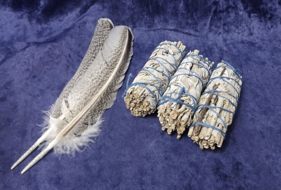 White Sage Smudge Sticks 3 Room - Spirit Cleansing with  2 Eagle Feathers