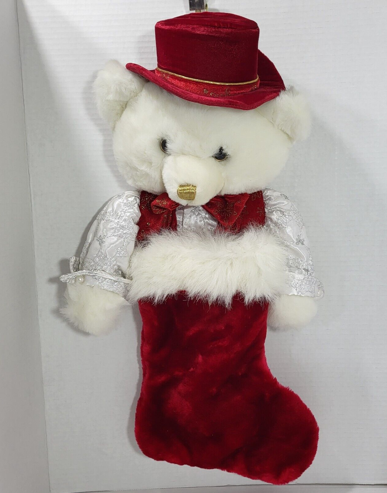Dan Dee Plush White 3D Bear Plush Red Stocking Gold Metallic Vintage Wearing Hat