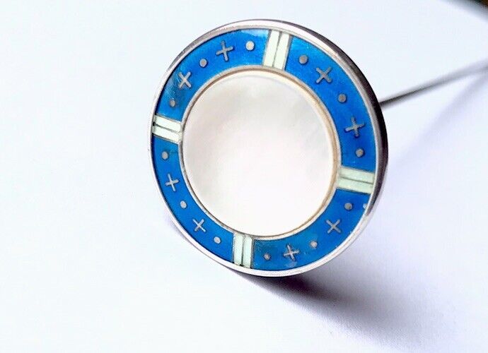 Antique Hatpin Silver Enamel Blue Mother Of Pearl Centre 8.25” Long