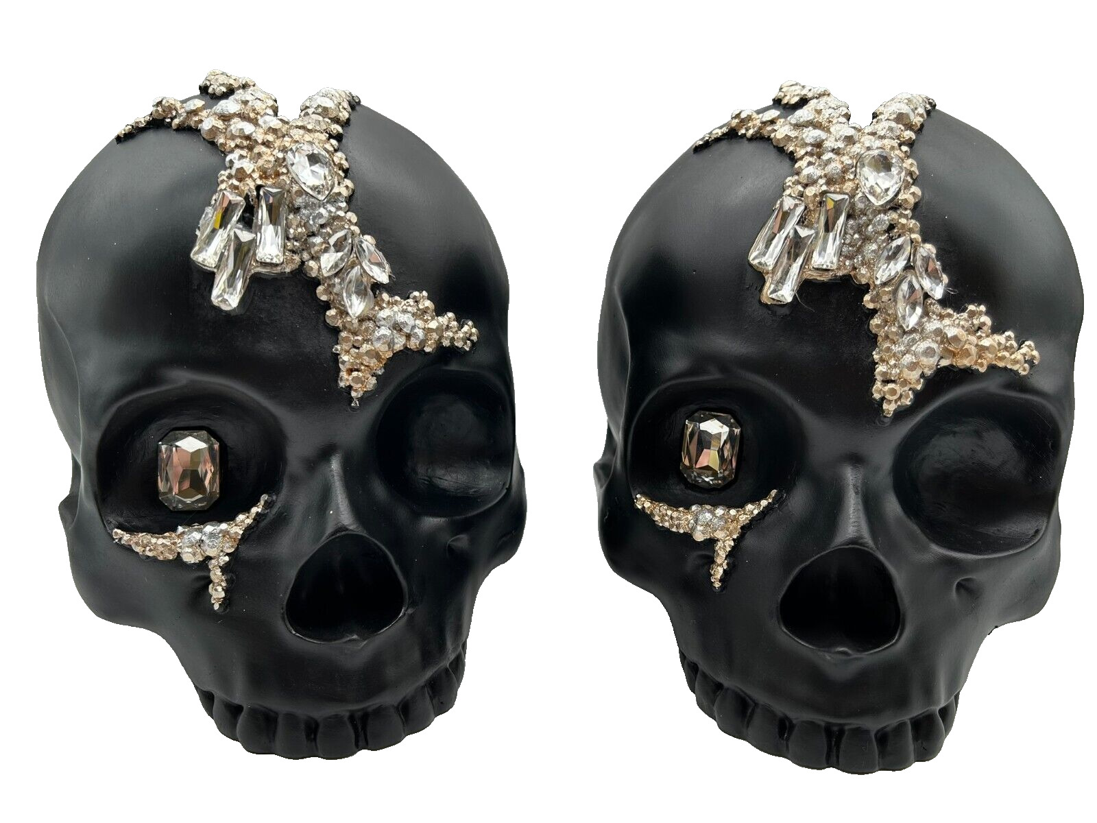 Black Gothic Studded Jeweled Hand Decorated Skull Halloween Table Decor Set Of 2