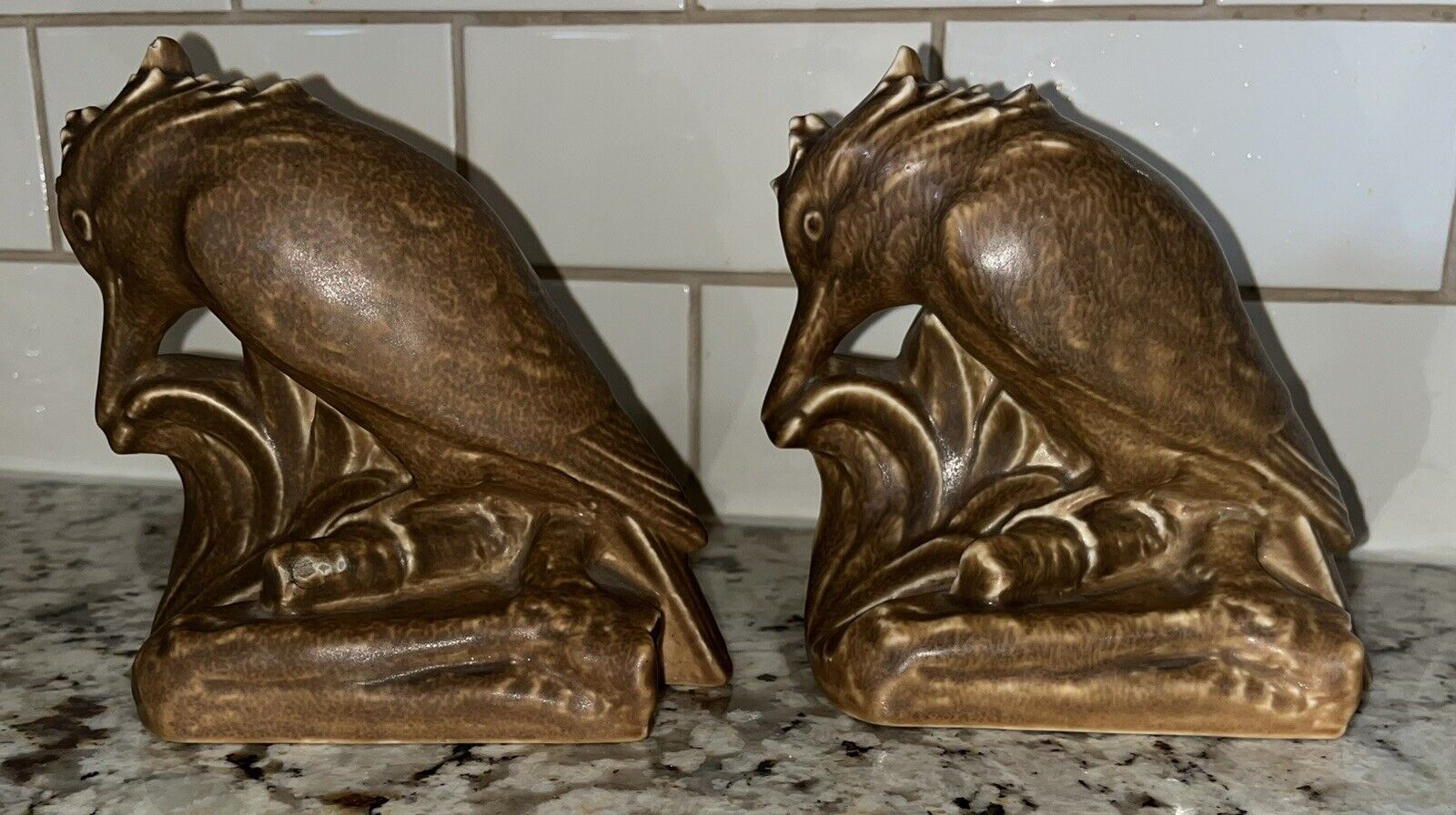 Pair of Antique Figural Rookwood Pottery King Fisher Bookends by Wm. McDonald