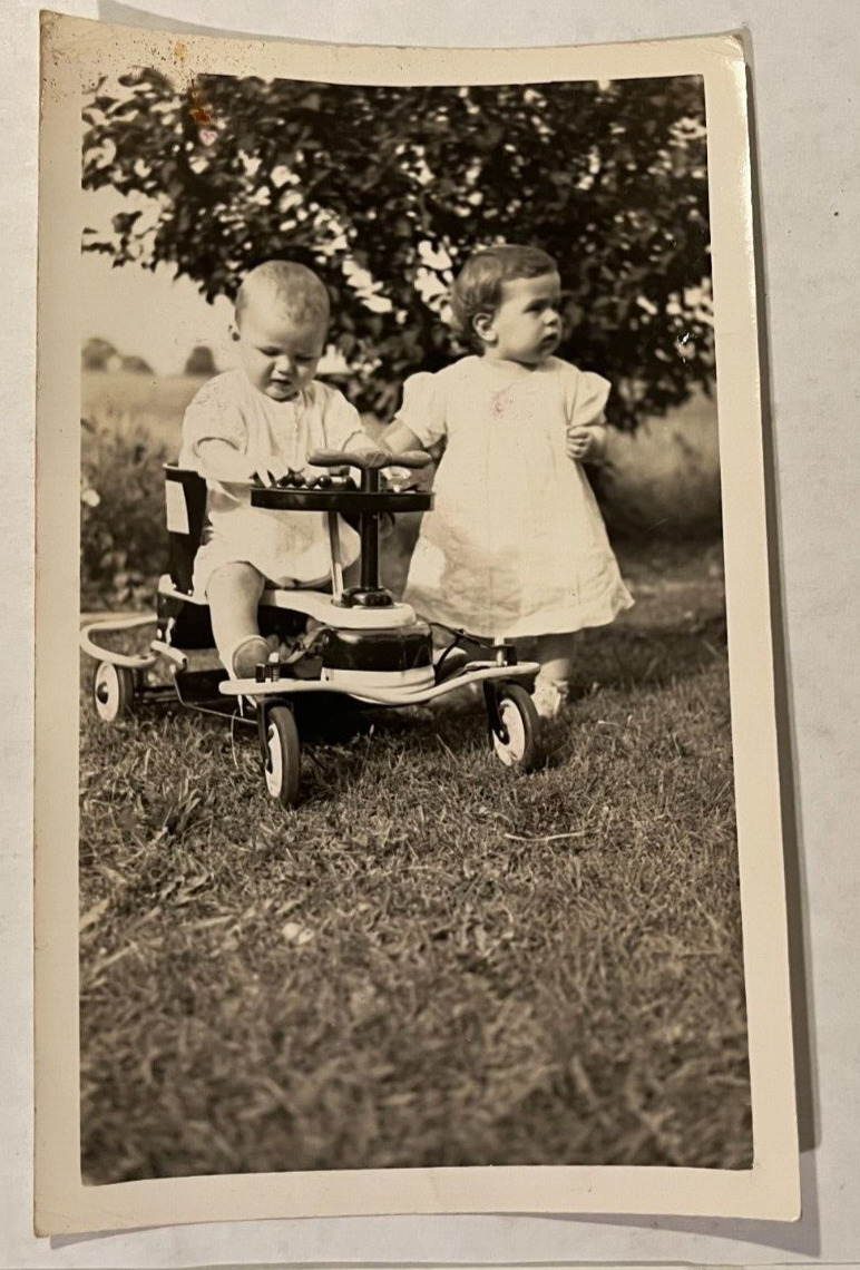 Vintage Old Photo of Cute Little Girls Riding in Peddle Car