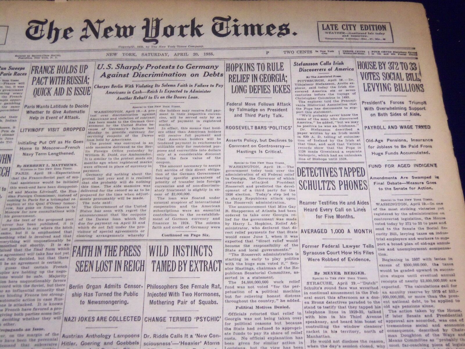 1935 APRIL 20 NEW YORK TIMES - DETECTIVES TAPPED SCHULTZ - NT 3803