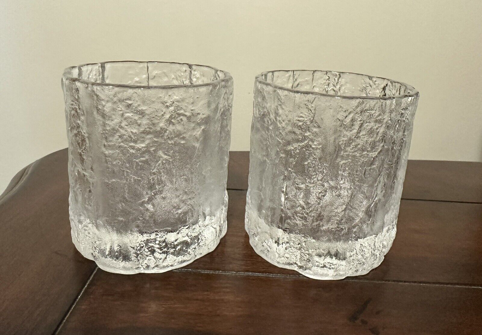 2 Whisky Old Fashioned Vintage Glasses Hoya Japan Glacier Ice Bark Glass Iceberg