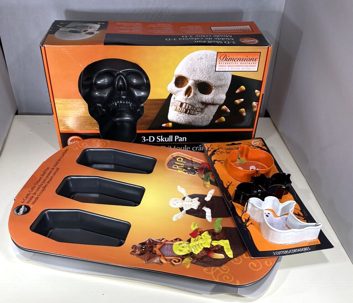 Wilton 3D Skull Cake Pan Cast Aluminum Mold, Coffins, cookie cutters Halloween