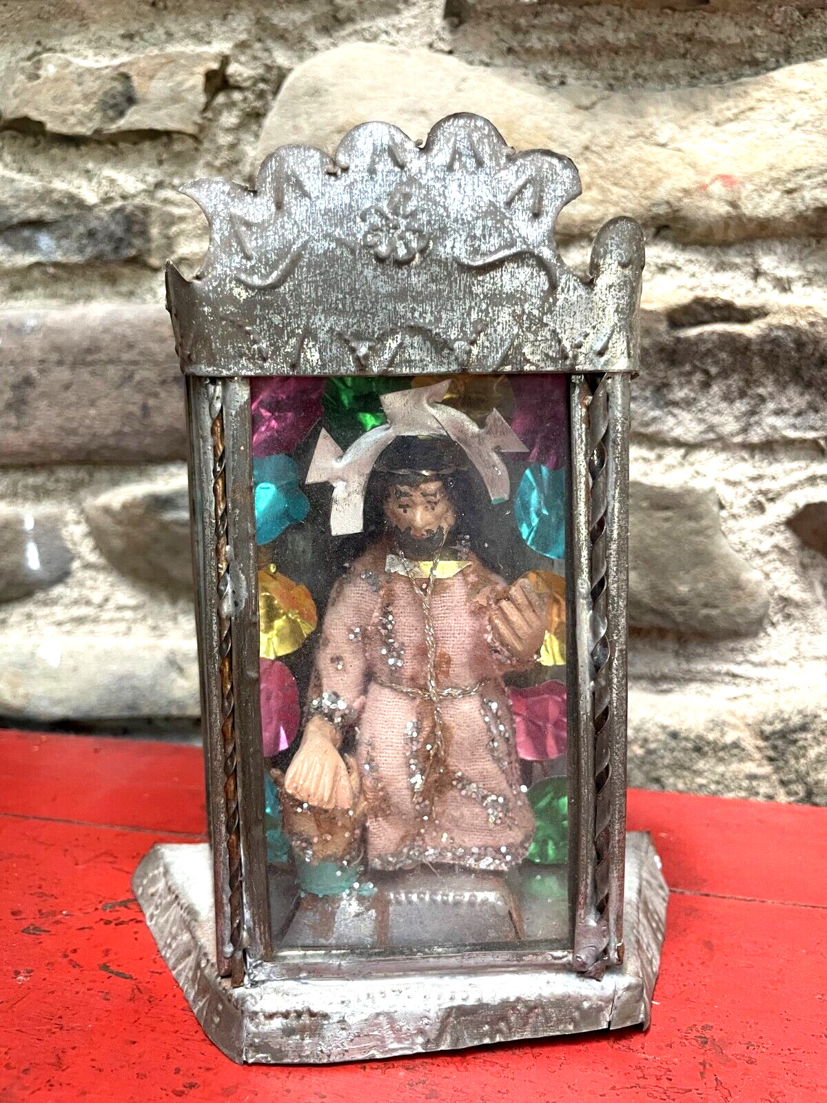 Antique Mexican Folk Art Tin Shadow Box Nicho of Jesus 6.5
