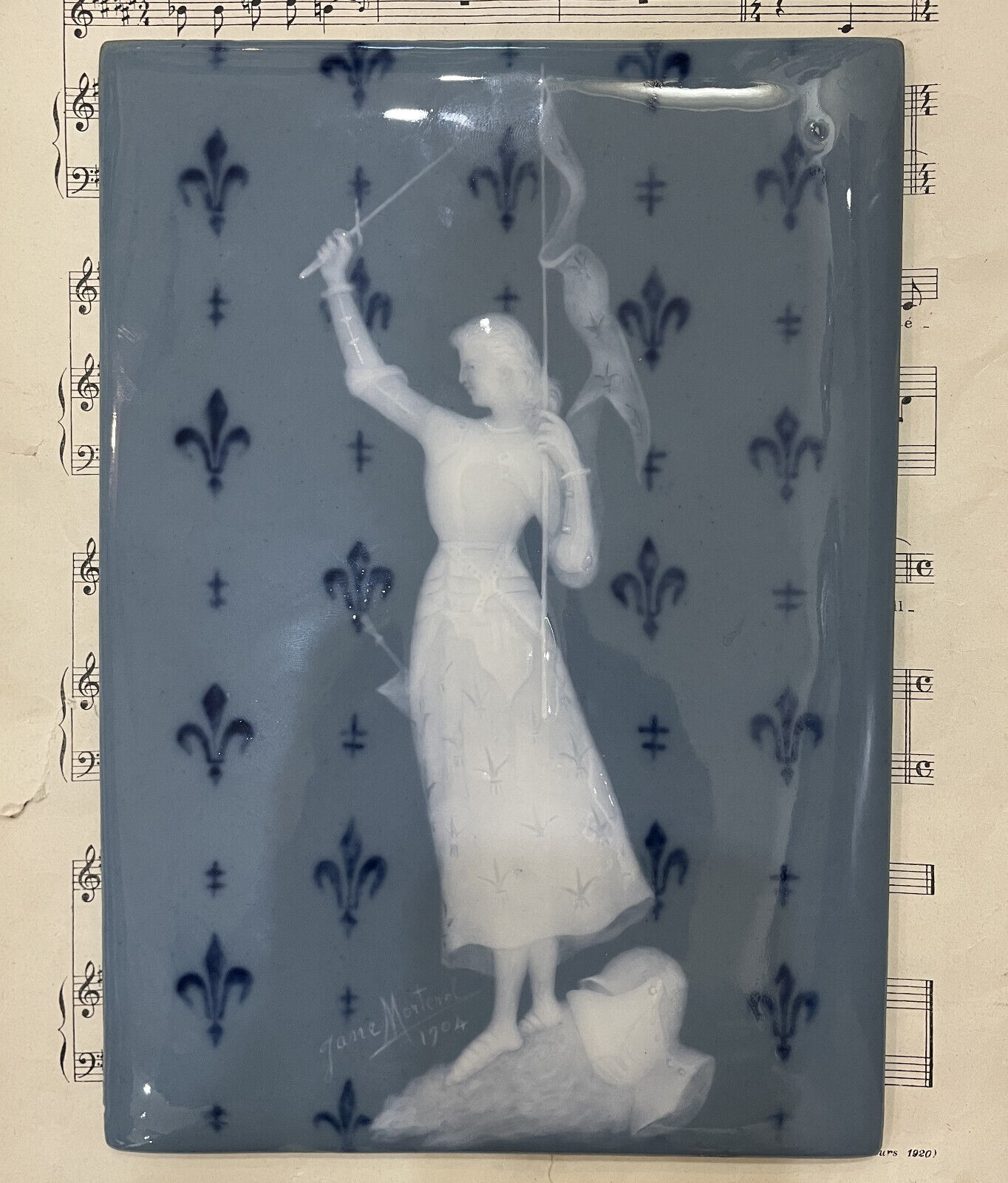 Rare Large Antique French Joan of Arc Porcelain Tile Plaque Signed c1904