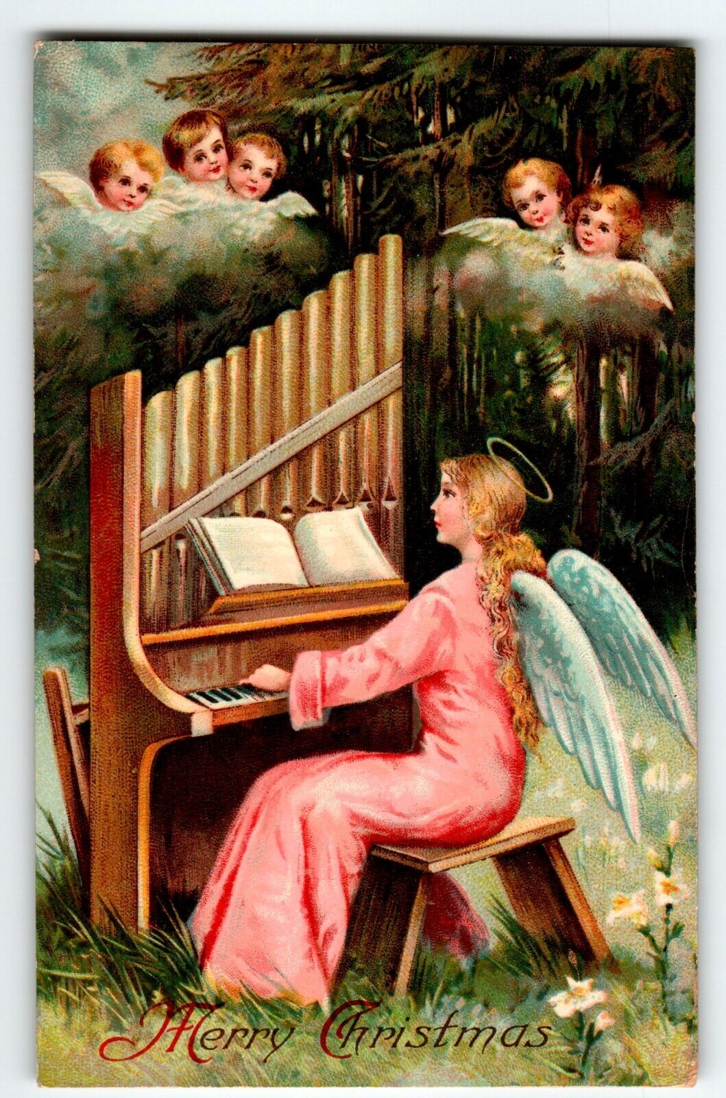 Christmas Postcard Seated Winged Angel Plays Piano Cherubs Watching 1912 Germany
