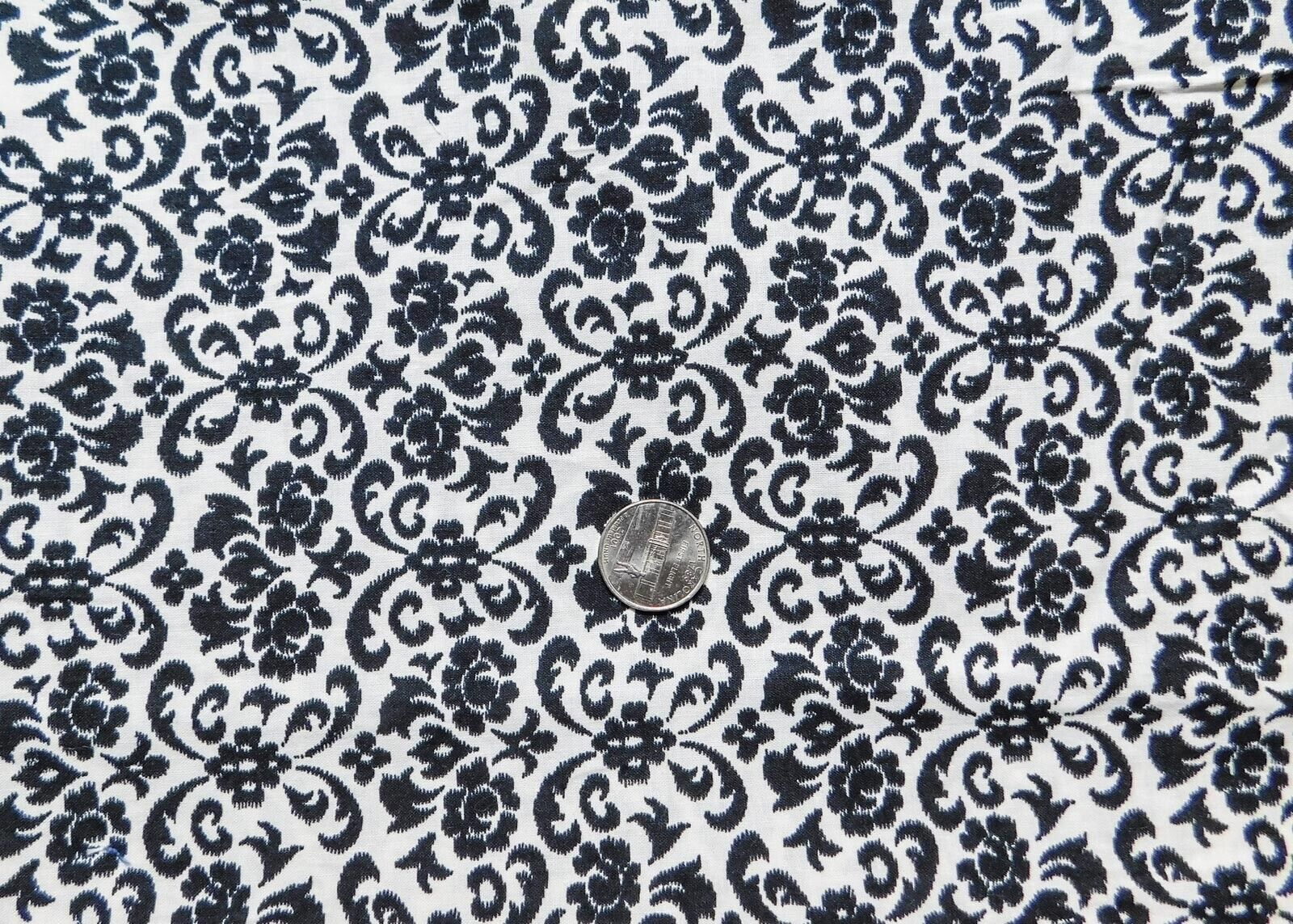 M99 Vintage Fabric Black Cream Fleur de Leis Floral Print Cotton 31 inches