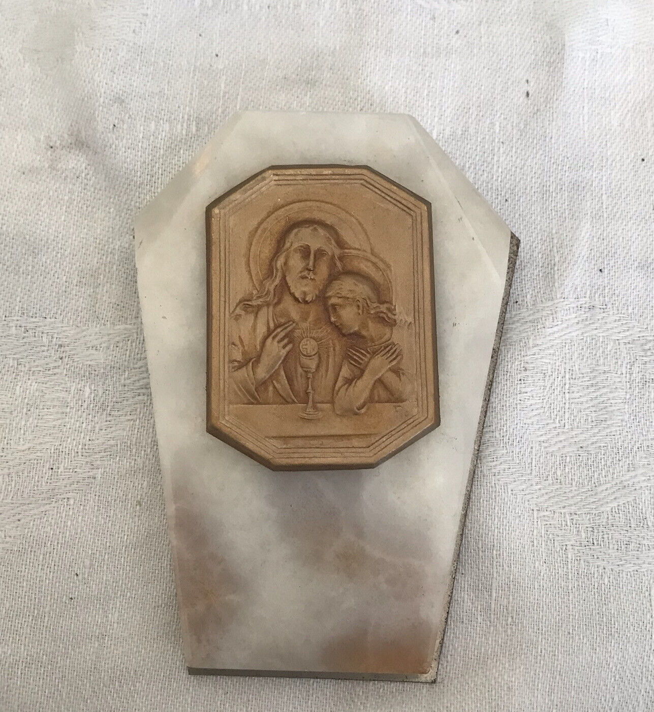 Antique French First Communion Marble Plaque Jesus St. John Easel Wall Brass