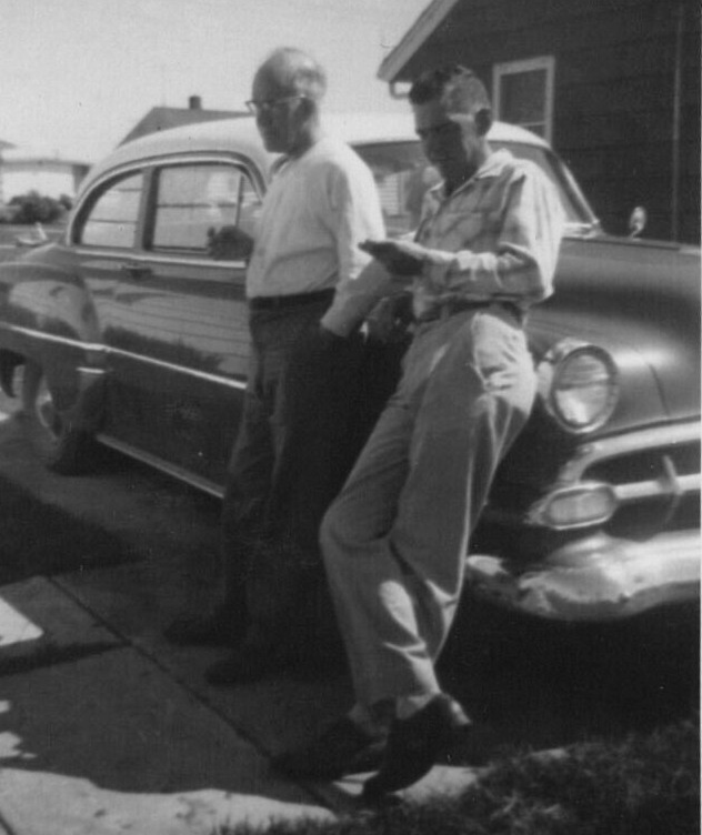 4J Photograph 1957 Old Man Men Leaning Old Cool Old Car Candid Snapshot