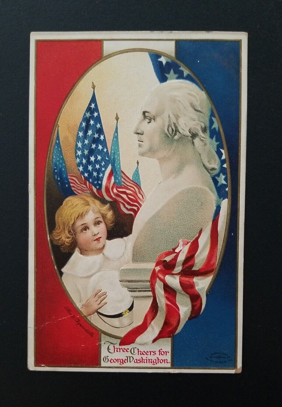 Antique 1914 WWI Patriotic Embossed Postcard With Flags, George Washington, Girl