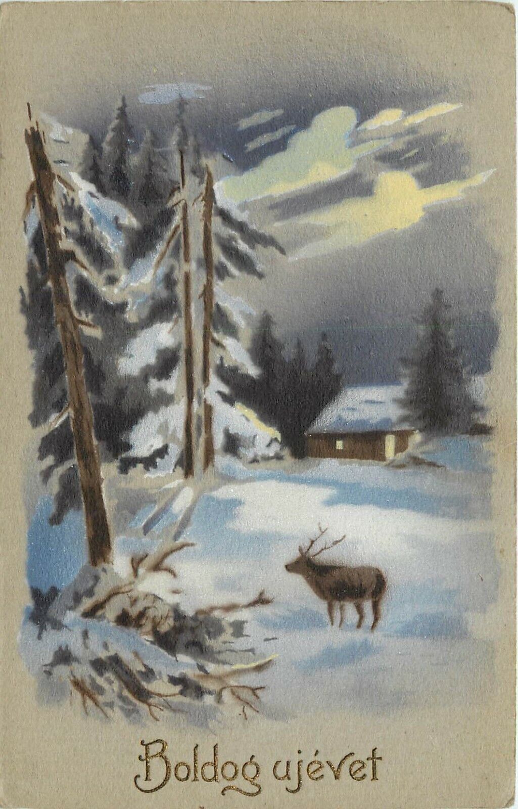 c1910 Hungarian New Year Art Postcard Beautiful Moonlit Snowy Landscape w/ Elk