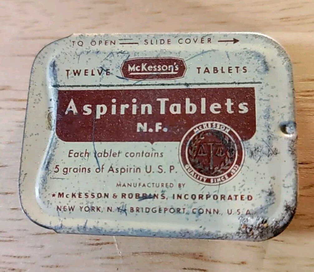 Vintage McKesson’s Aspirin Tablets Tin Off White And Blue