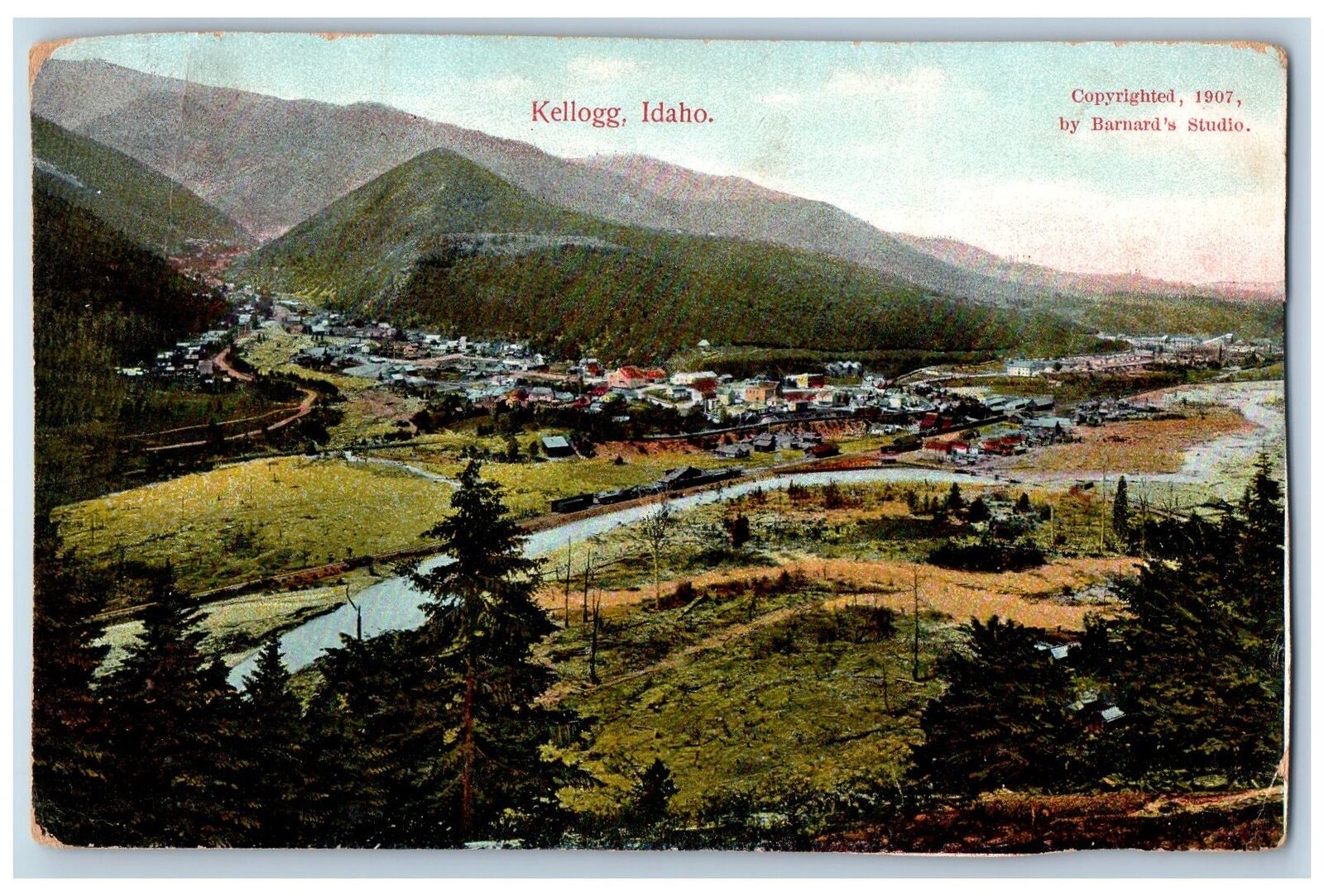 Kellogg Idaho ID Postcard Aerial View Of Residence Section River c1910\'s Antique