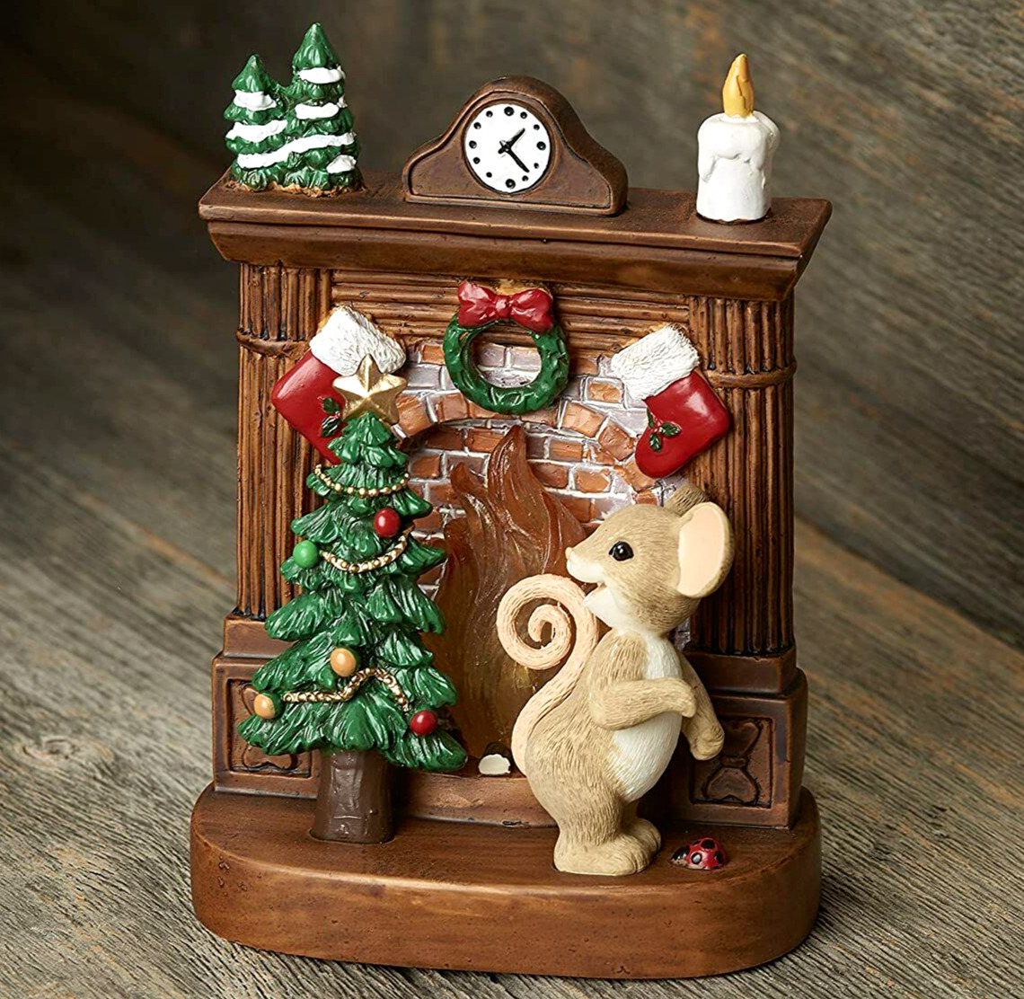 ✿ New CHARMING TAILS Mouse Figurine LIGHTED FIREPLACE Mice Statue CHRISTMAS TREE