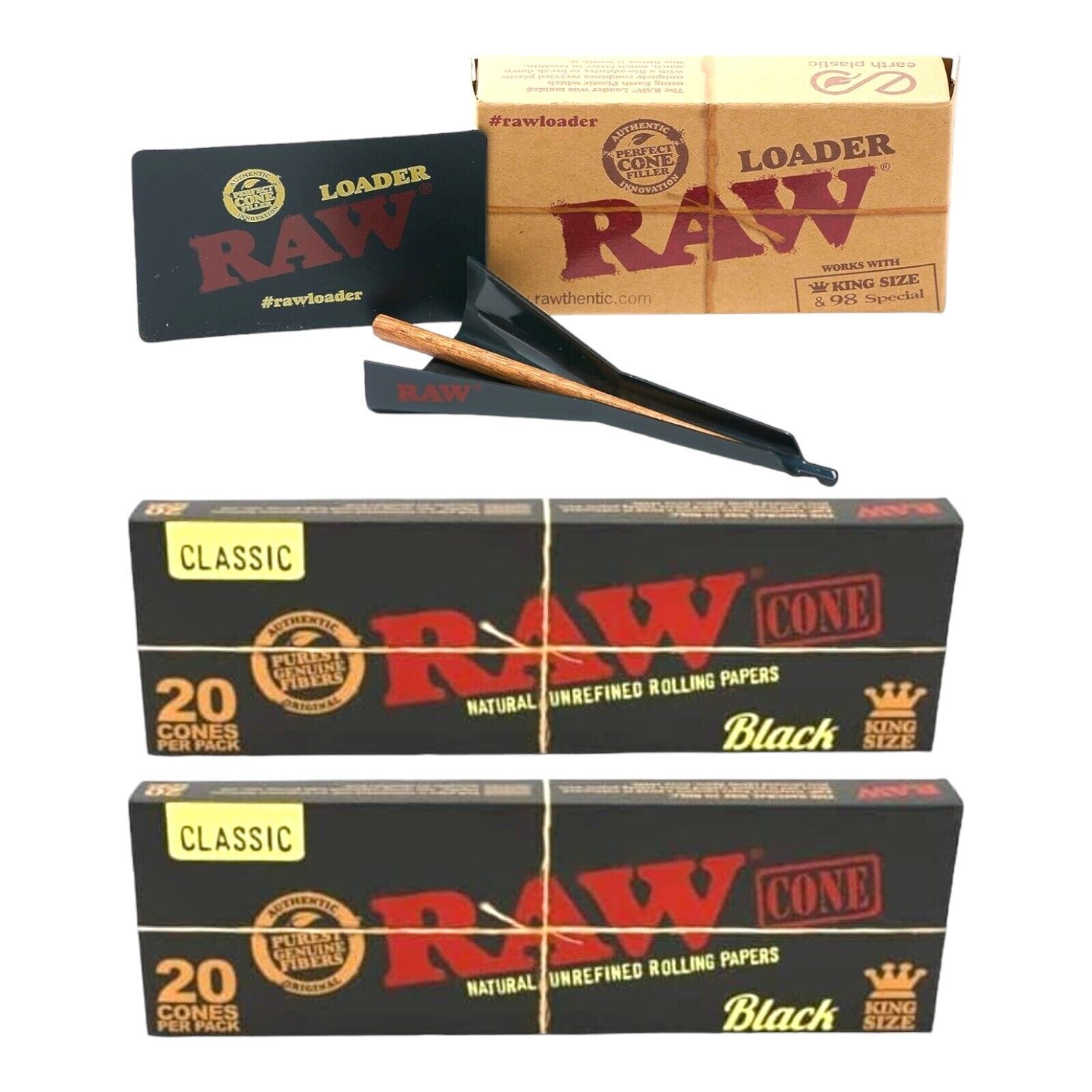 2 x Raw Black King Size Cones Pre Rolled Ultra Fine Natural 20 Pack+Cone Loader