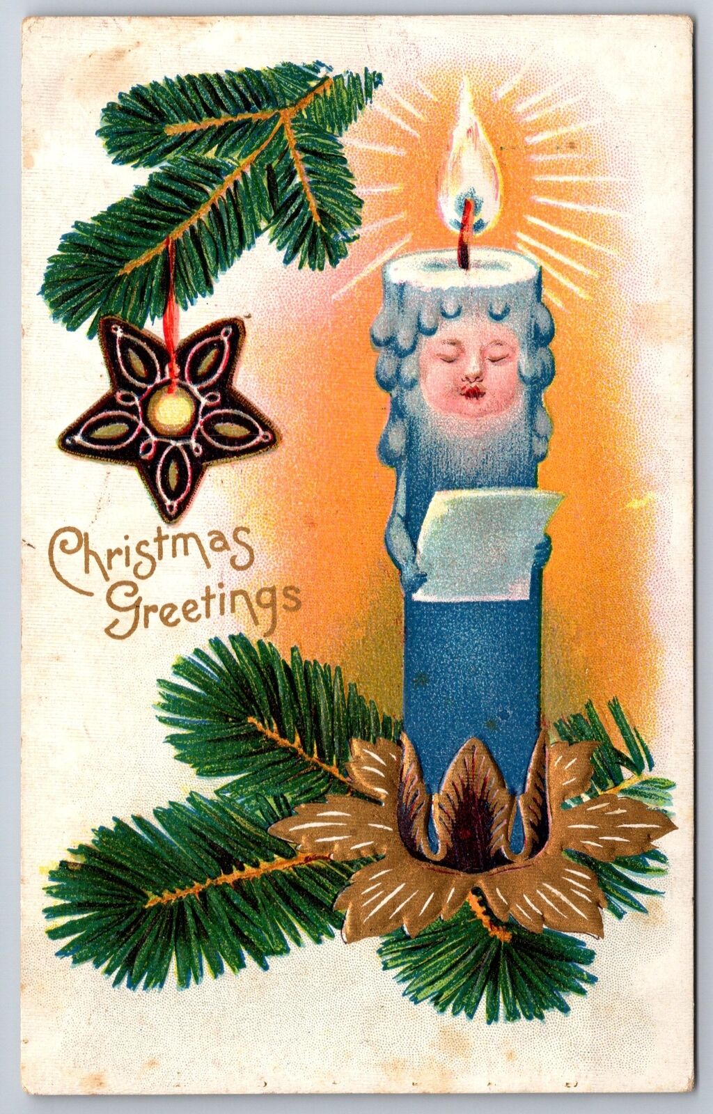 Christmas Tree~Fantasy Face Blue Candle Reads Music~Cookie Ornament~Gold~c1910