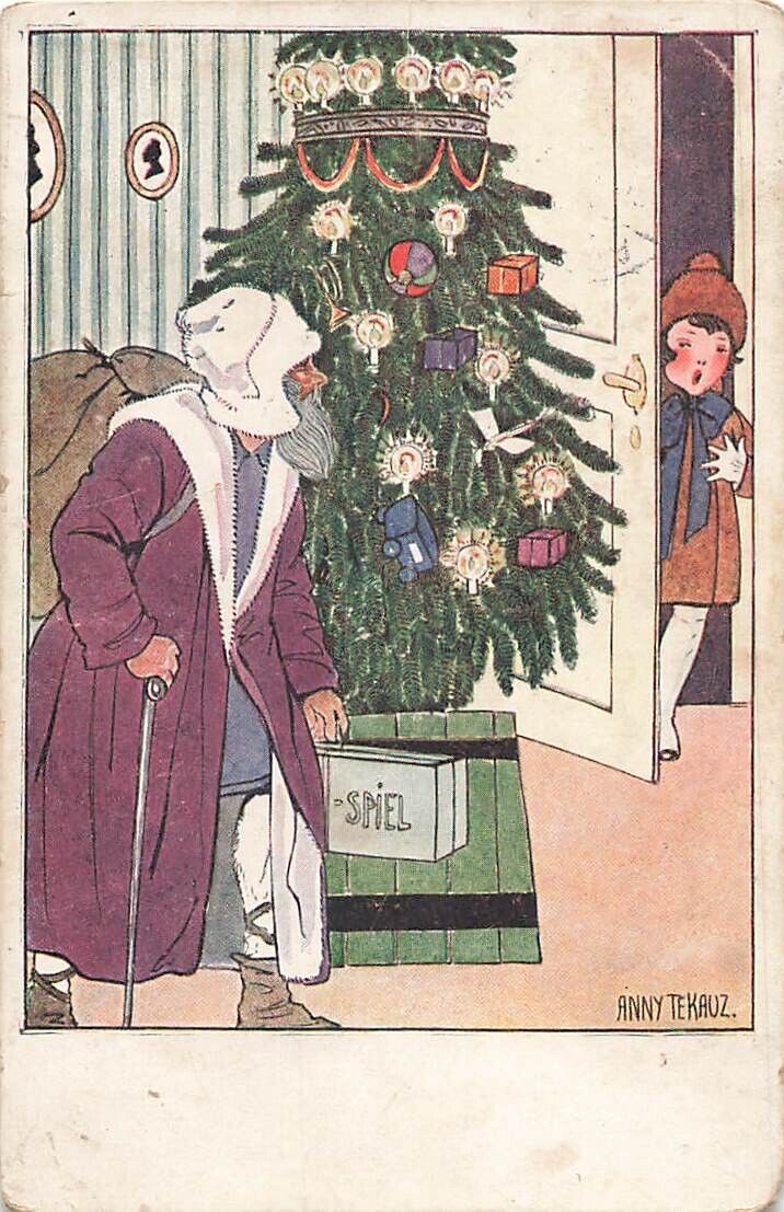 c1930s  Purple Santa Claus Signed Anny Tekauz Tree Ornaments Girl Christmas P536