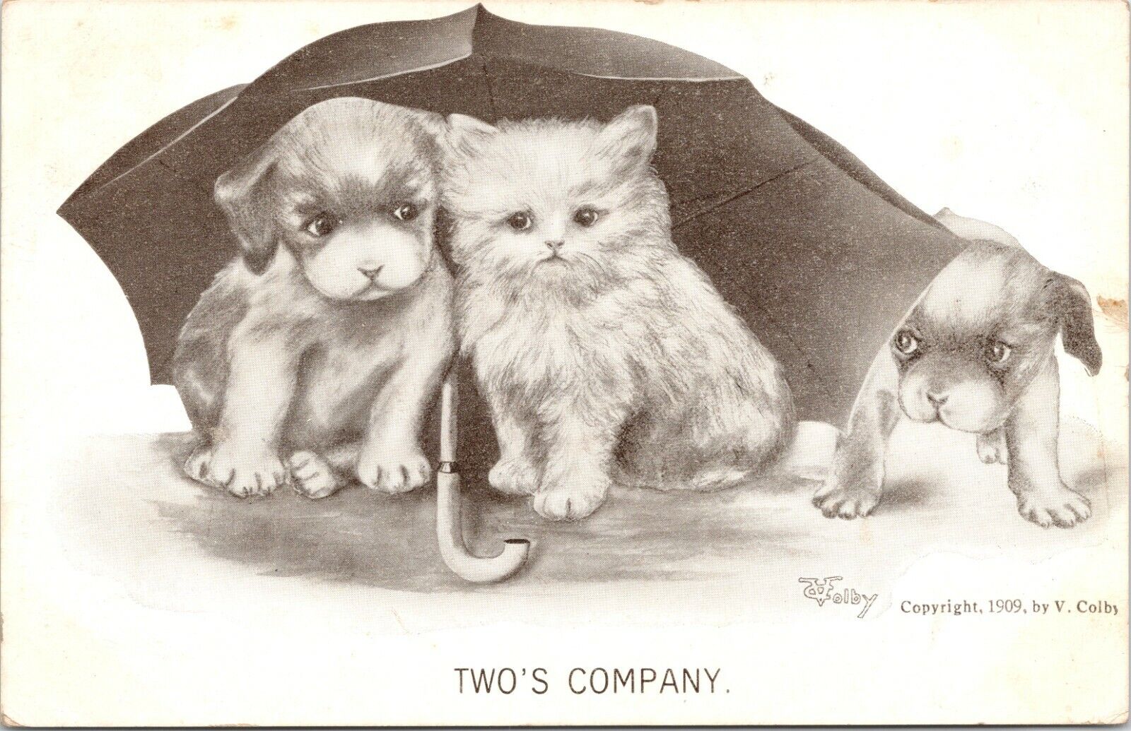 C.1909 Comic Artist Signed Colby Kitten & Puppy TWO\'S COMPANY Postcard 730
