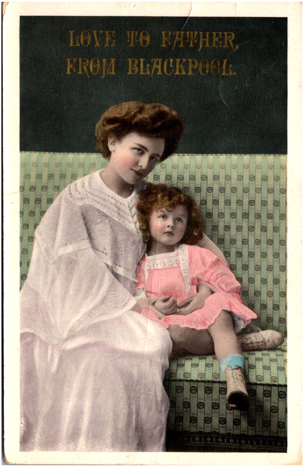 Love to Father from Blackpool Pretty Woman & Daughter Hand-Tinted 1911 Postcard