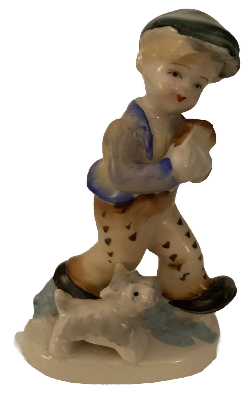 Vintage Boy Blue Cap Carrying Bread Walking with Dog Ceramic Figurine 5