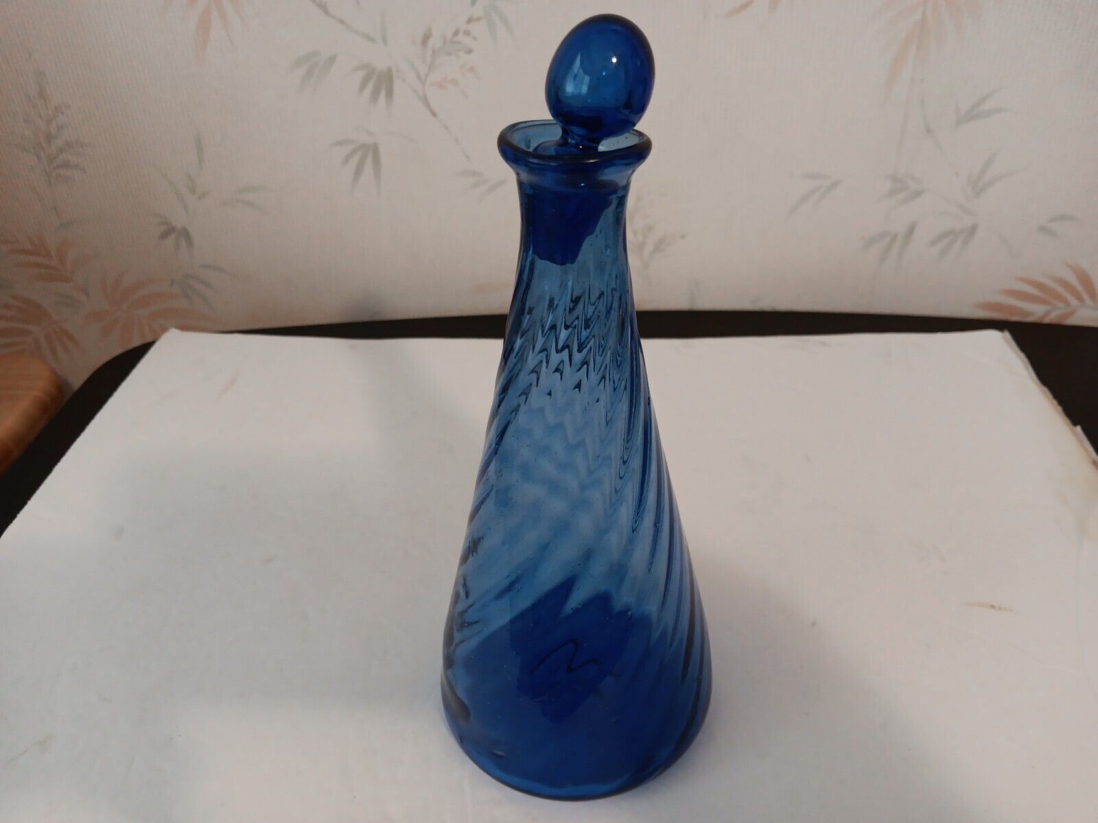 Vintage Cobalt Blue Art Glass blown Swirl Decanter