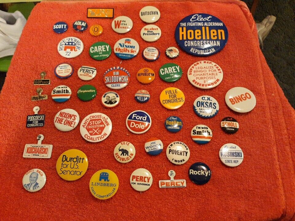 46 Vintage Button Pin Back Lot 1960s+ Political Advertising - Most ¾\